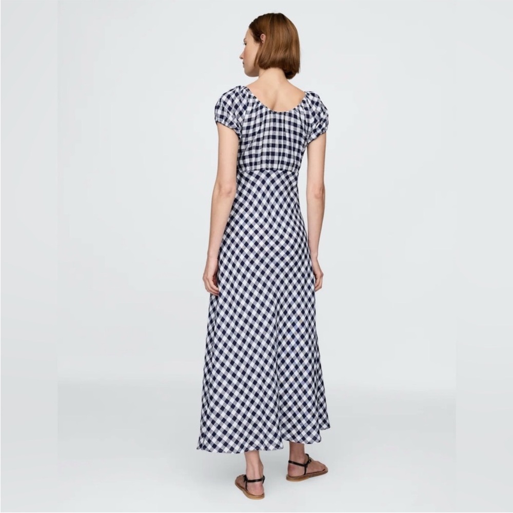 Navy & White Gingham Midi Dress - Casual Puff Sleeve - Picture 2 of 5